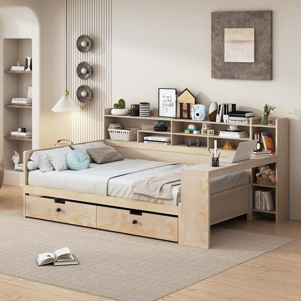 Daybed Light Wood Integrated Desk Bookcase Headboard Underbed Drawers