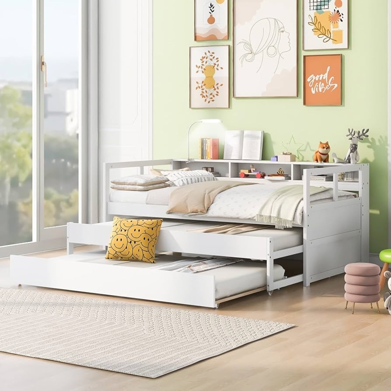 Daybed White Dual Trundle Bookshelf Backrest Integrated Lamp