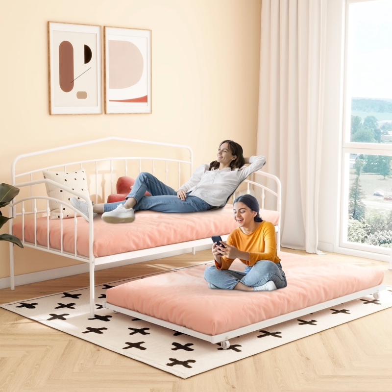 Daybed White Metal Spindles Trundle Bed Modern Minimalist Frame