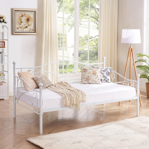 Daybed White Scrollwork Metal Frame Spherical Finials Farmhouse Style