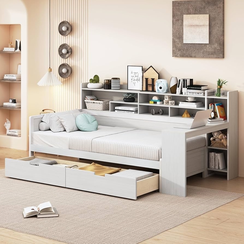 Daybed With Built-In Desk, Antique White, Bookcase Headboard, Drawers