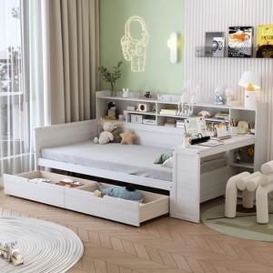 Daybed With Built-In Desk, White, Headboard Shelving, Dual Drawers