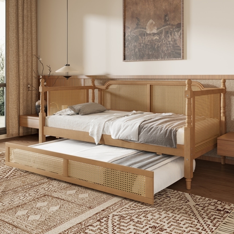 Daybed with Integrated Trundle Woven Rattan Panels Boho Cane Style