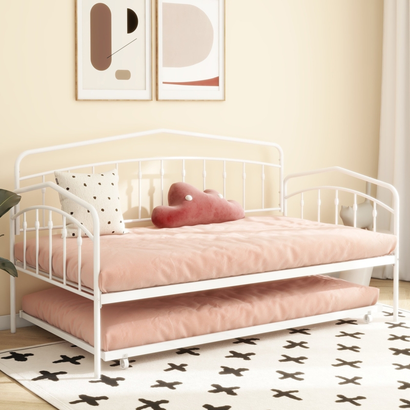 Daybed with Pull-Out Trundle, White Metal Spindled Frame