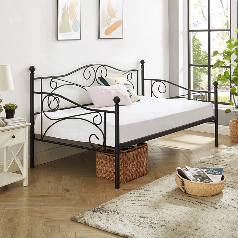 Daybed with Scrollwork Metal Frame and Finial Posts Traditional Style