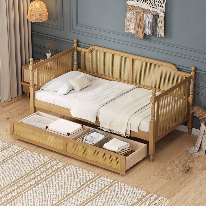 Daybed with Storage Drawer Rattan Cane Panels Traditional Style