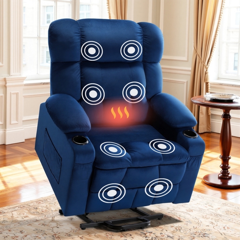 Deep Blue Velvet Power Lift Recliner with Massage and Heated Function