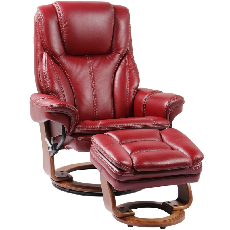 Deep Red Faux Leather Swivel Recliner with Wood Ring Base