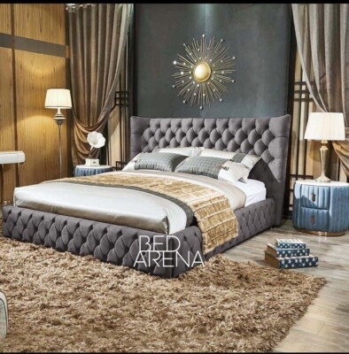 Deep Tufted Headboard Wingback Bed, Charcoal Grey Velvet Upholstery