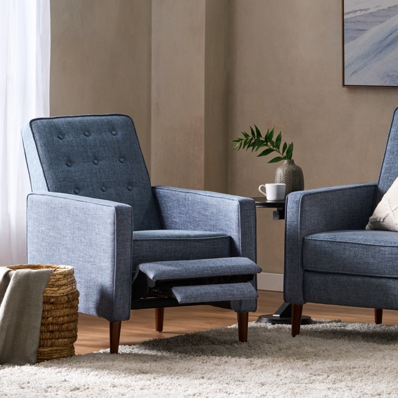 Denim Blue Fabric Recliner with Hidden Pushback Mechanism