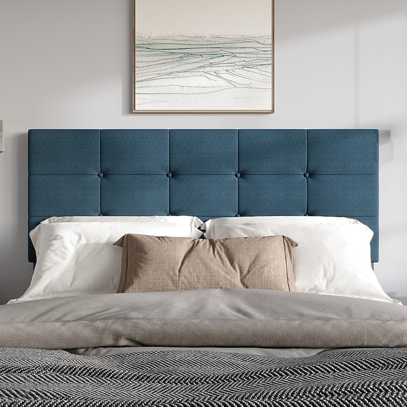 Denim Blue Upholstered Headboard with Modern Grid Tufting Pattern