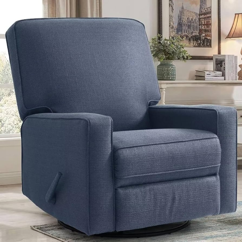 Denim Blue Woven Fabric Swivel Rocker Recliner with Track Arms