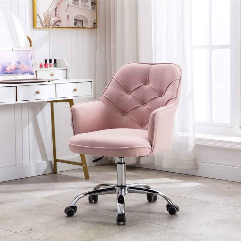 Desk Chair Pink Velvet Diamond Tufted Polished Chrome Base
