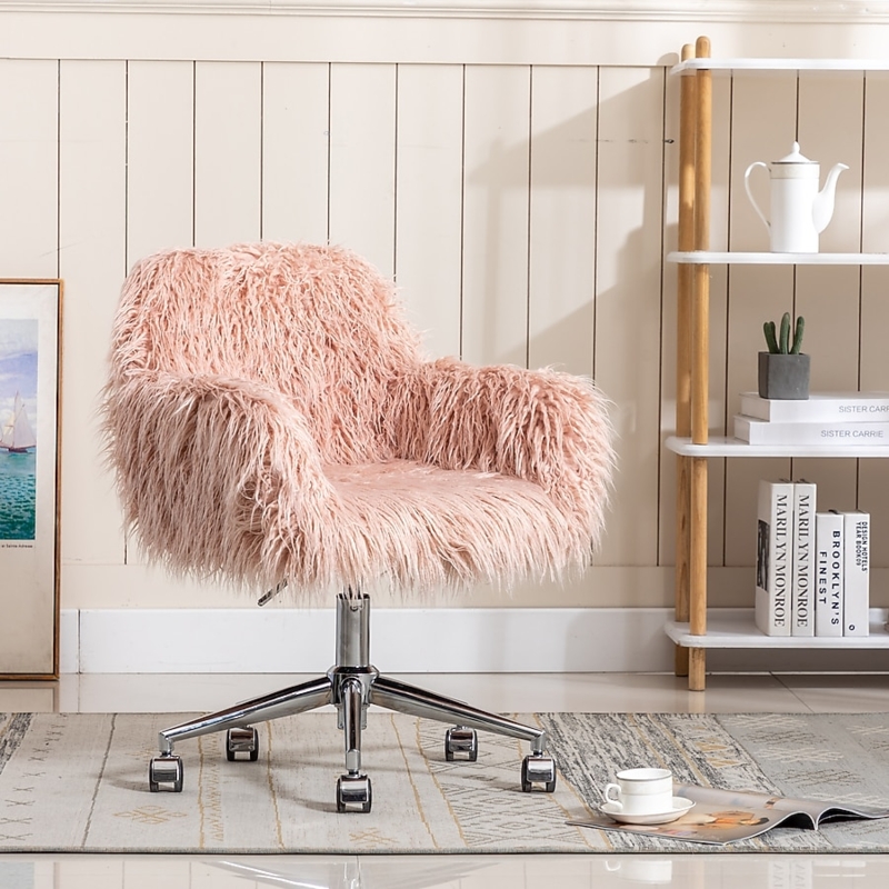 Desk Chair Shaggy Faux Fur Upholstery Chrome Star Base Casters