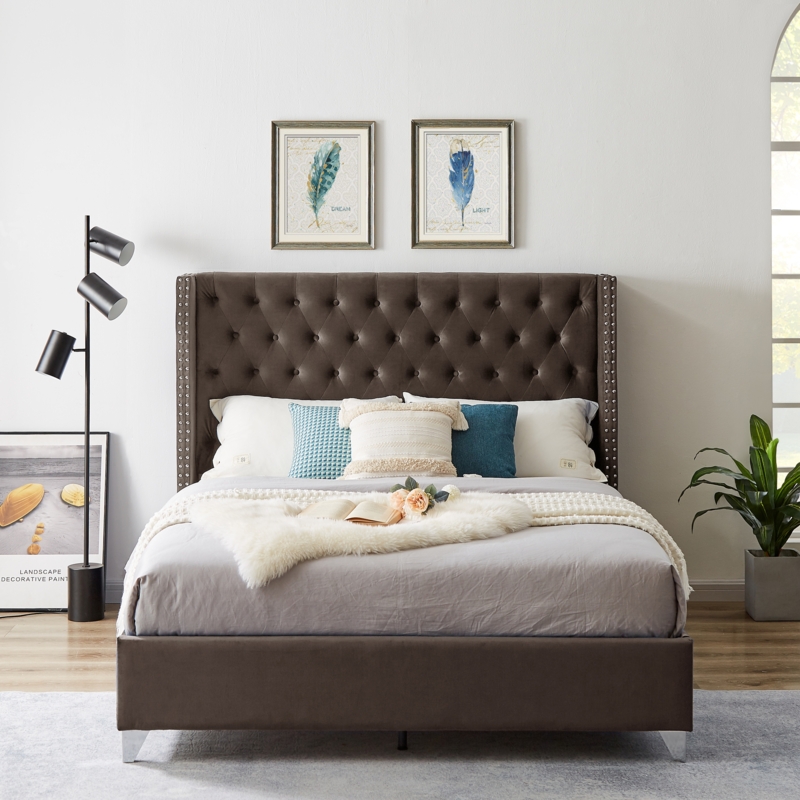 Diamond Tufted Platform Bed, Velvet Upholstery, Nailhead Trim