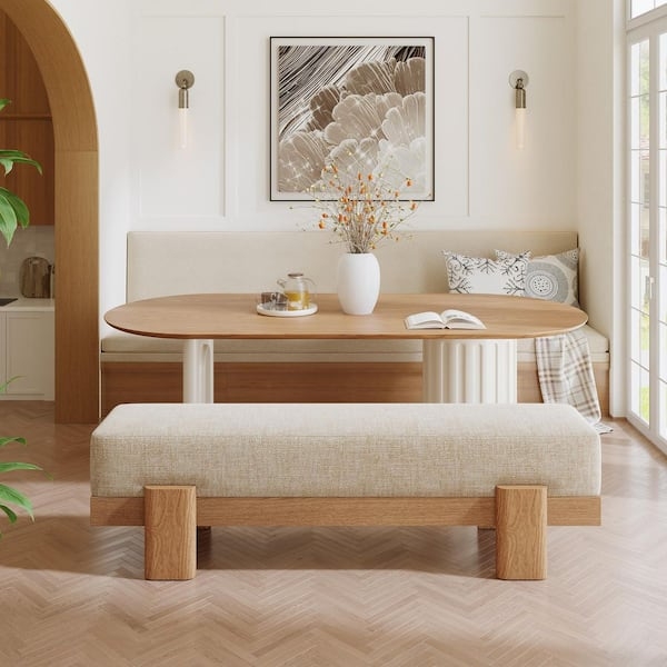 Dining Bench Chunky Wood Legs Beige Upholstered Japandi Style Seating