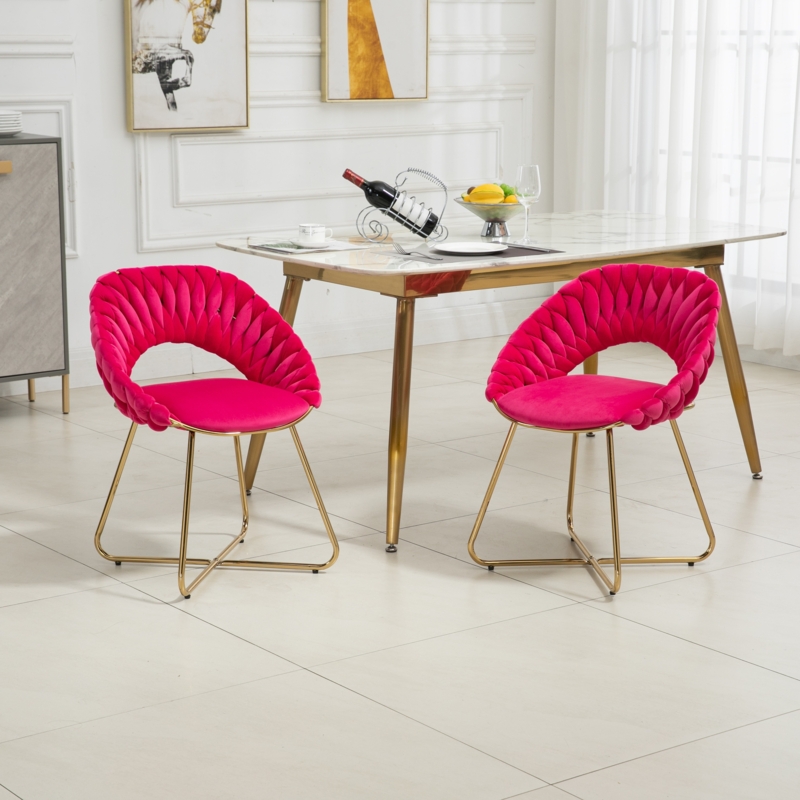 Dining Chair Woven Backrest Fuchsia Velvet Gold X Base Curved Open