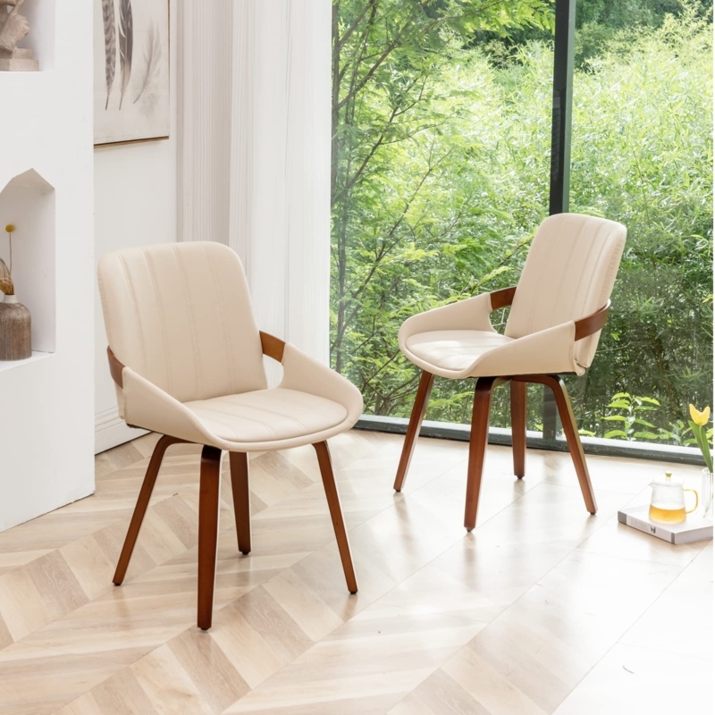 Dining Chairs with Ribbed Stitching, Open Back, and Tapered Legs.
