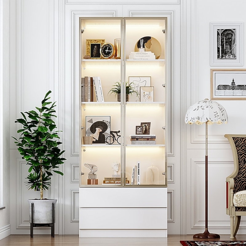 Display Cabinet White with Gold Metal Frame and LED Lighting