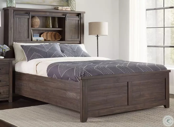 Distressed Barnwood Storage Bed with Sliding Barn Door Headboard