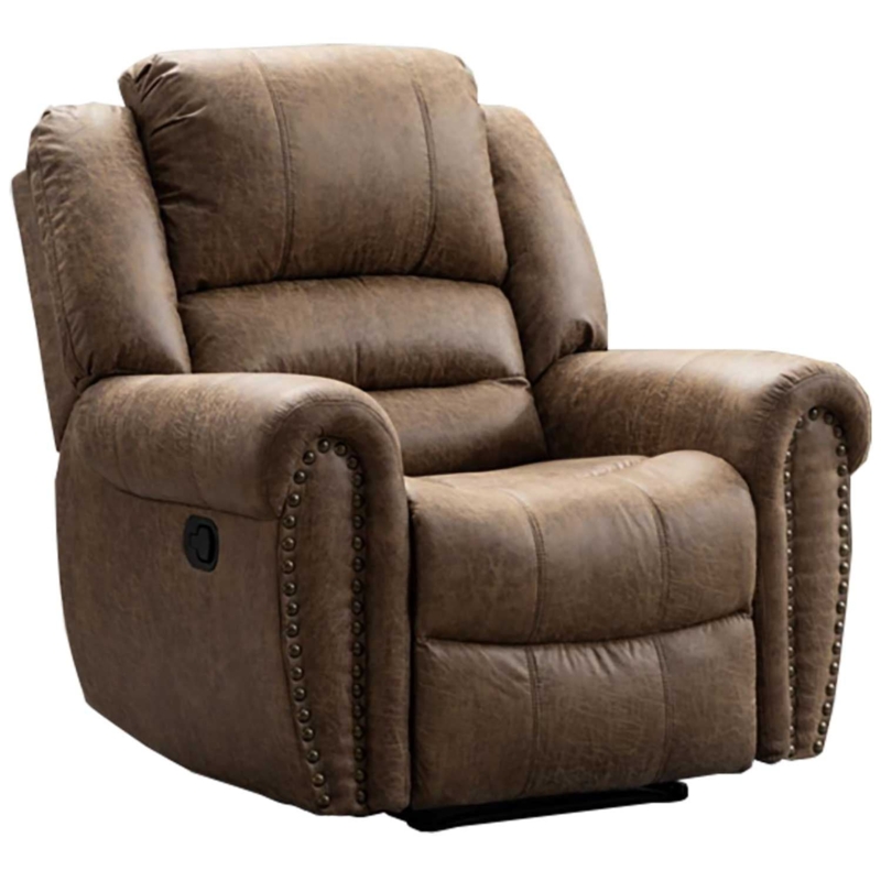 Distressed Brown Manual Recliner with Nailhead Trim and Rolled Arms