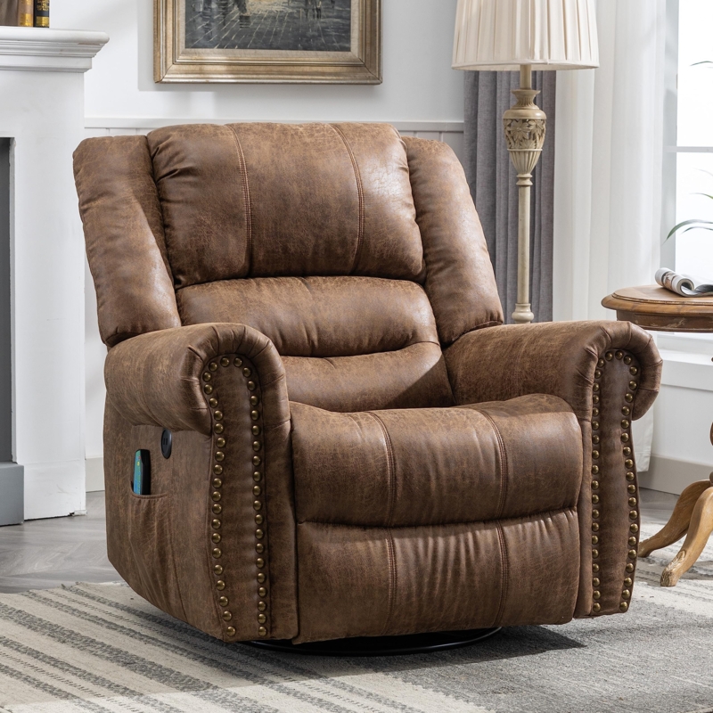 Distressed Brown Swivel Recliner with Side Pocket Feature