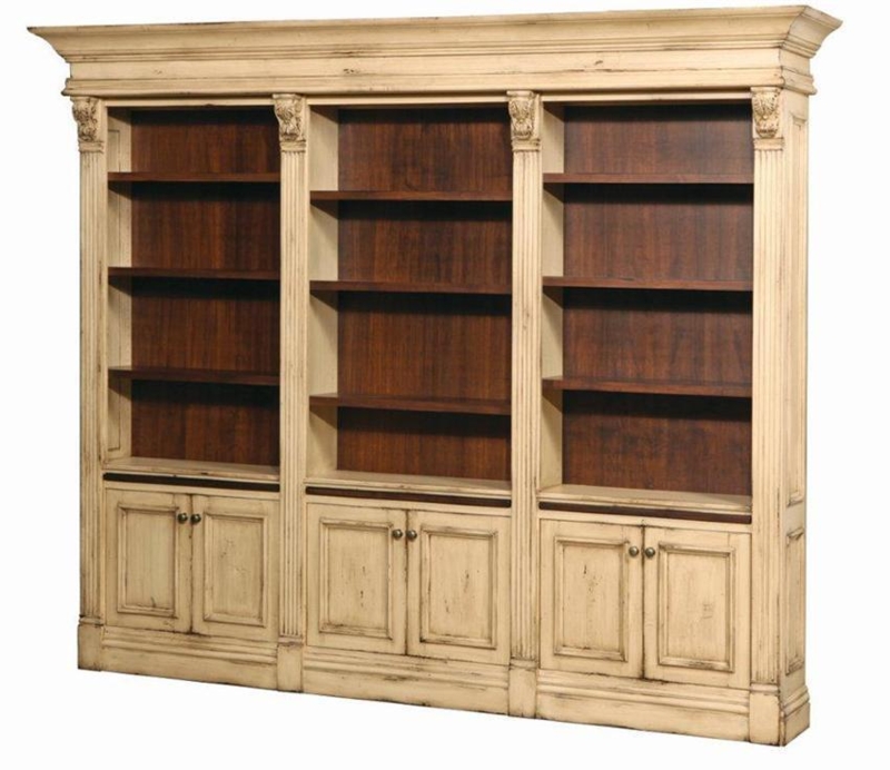 Distressed Cream Library Bookcase Triple Width with Dark Wood Shelves
