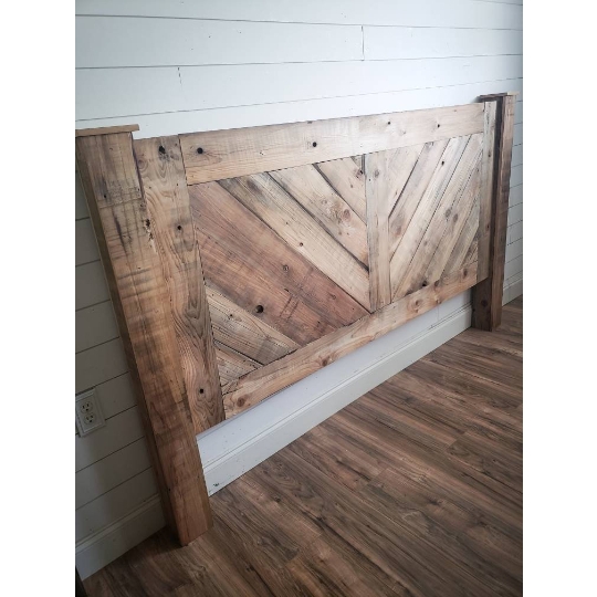 Distressed Farmhouse Headboard with Chevron Pattern & Chunky Posts