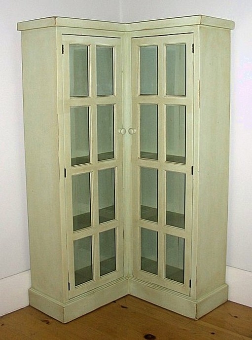 Distressed Off-White Corner Bookcase Paned Glass Doors L-Shaped