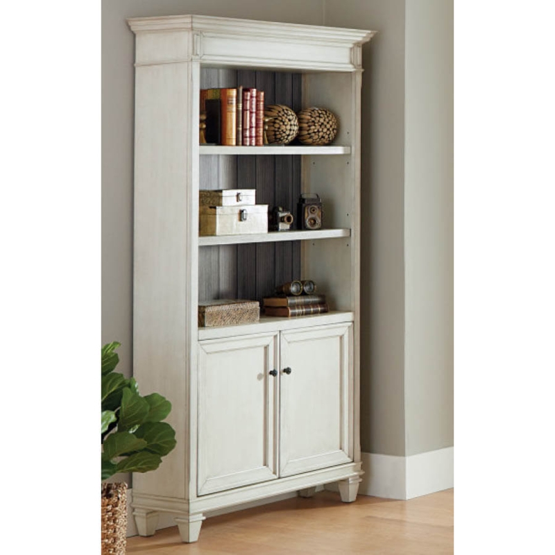 Distressed Off-White Farmhouse Library Cabinet with Dark Planked Back