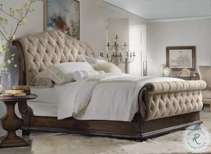 Distressed Walnut Sleigh Bed with Beige Diamond Tufted Headboard