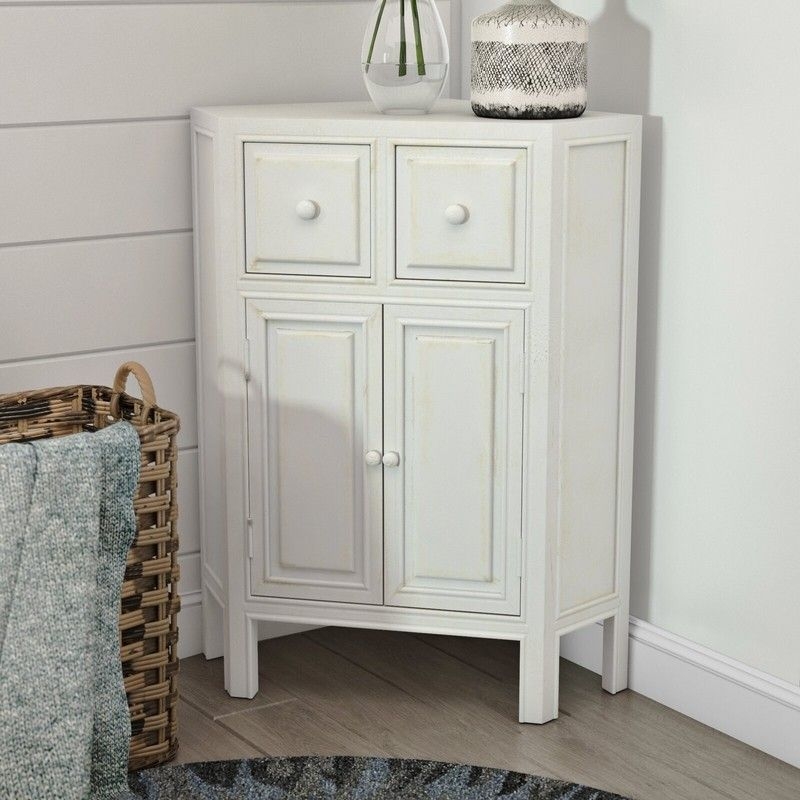 Distressed Whitewash Corner Accent Cabinet with Drawers