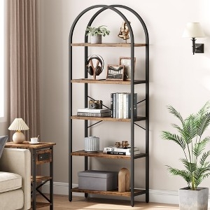 Double-Arched Metal Bookshelf with Five Open Wood-Toned Tiers