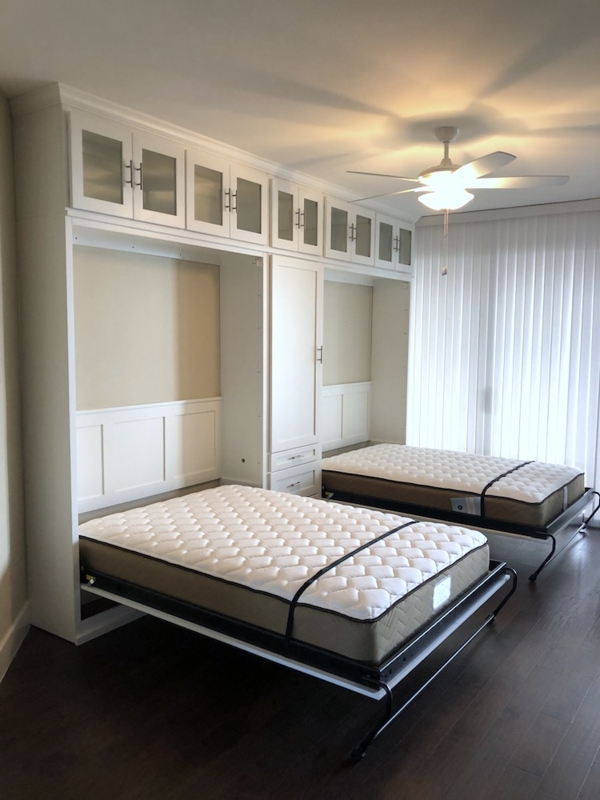 Double Murphy Bed Cabinet with Glass Front Uppers, White