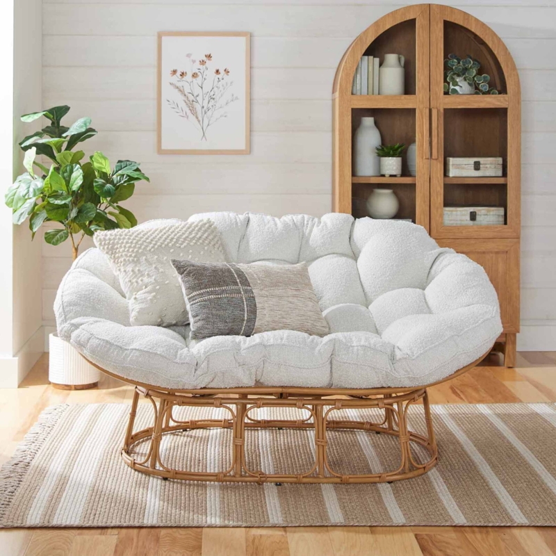 Double Papasan Chair Cream Boucle Texture Tufted Cushion Rattan Base