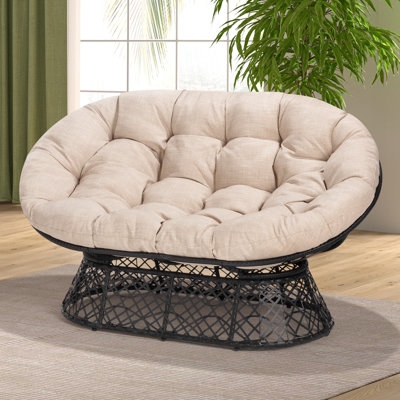 Double Papasan Chair Extra Deep Tufted Cream Cushion Black Woven Base