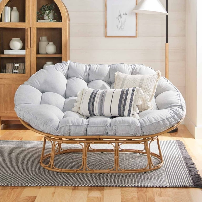 Double Papasan Chair, Grey Linen Look Cushion on Rattan Base Loveseat