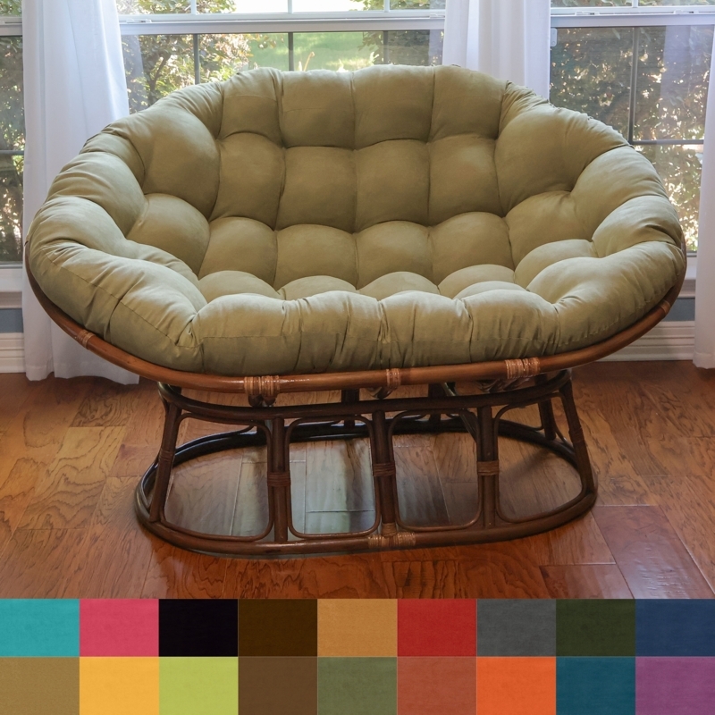 Double Papasan Chair Rattan Lounge Seating with Olive Tufted Cushion