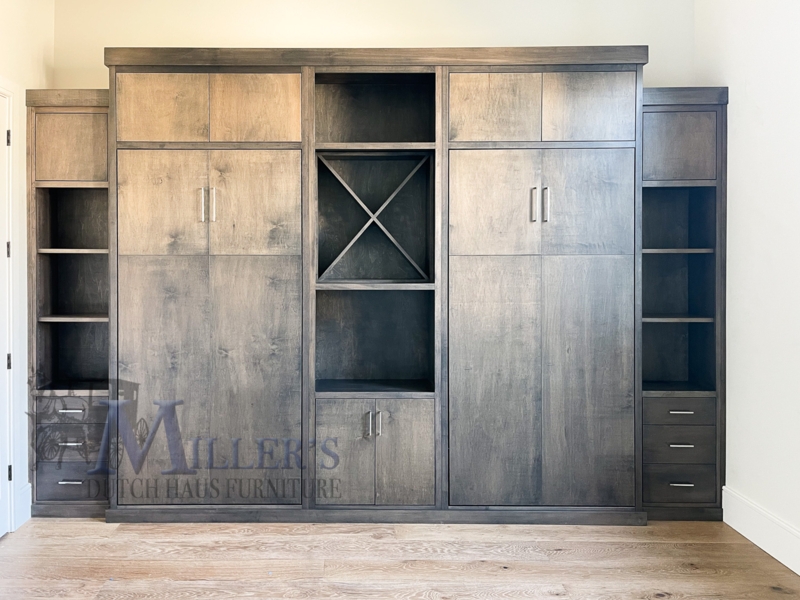 Double Twin Murphy Bed with Built-In Wine Rack & Shelving