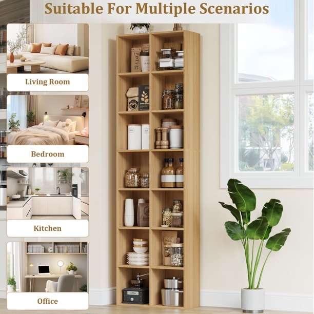 Double Wide Wood Bookshelf with 14 Cubbies, Light Oak Media Tower