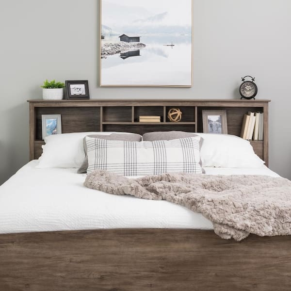 Driftwood Grey Bookcase Headboard with Six Storage Compartments