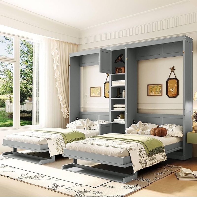 Dual Twin Murphy Bed System with Center Bookshelf & Storage