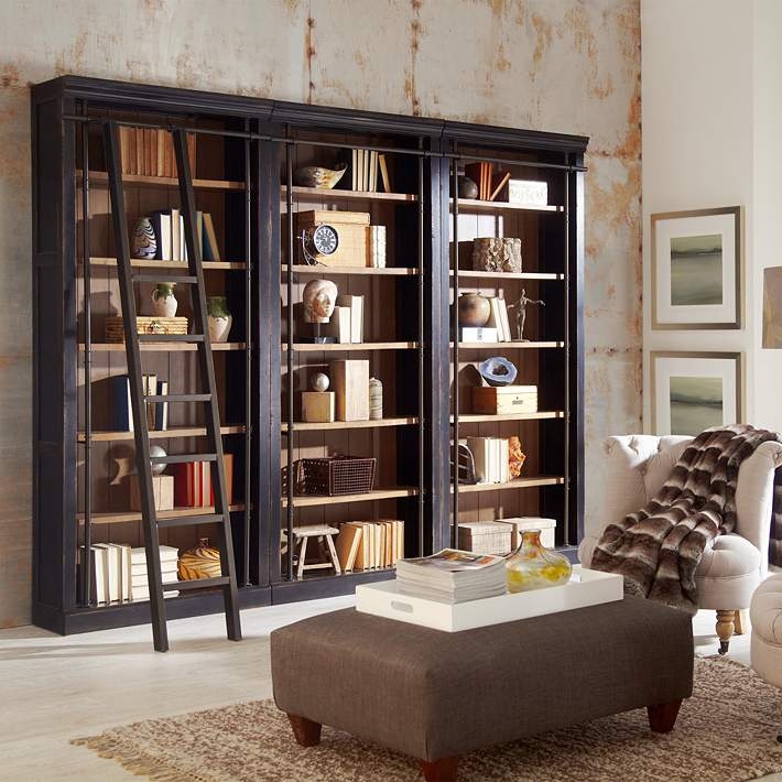 Ebony Library Bookcase Two-Tone Finish with Ladder and Industrial Vibe