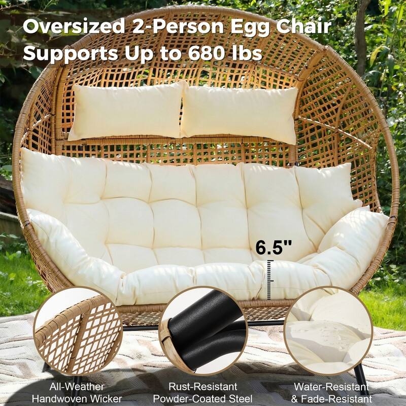 Egg Chair Two Person Capacity Oversized Wicker Thick Cushion Outdoor (72)