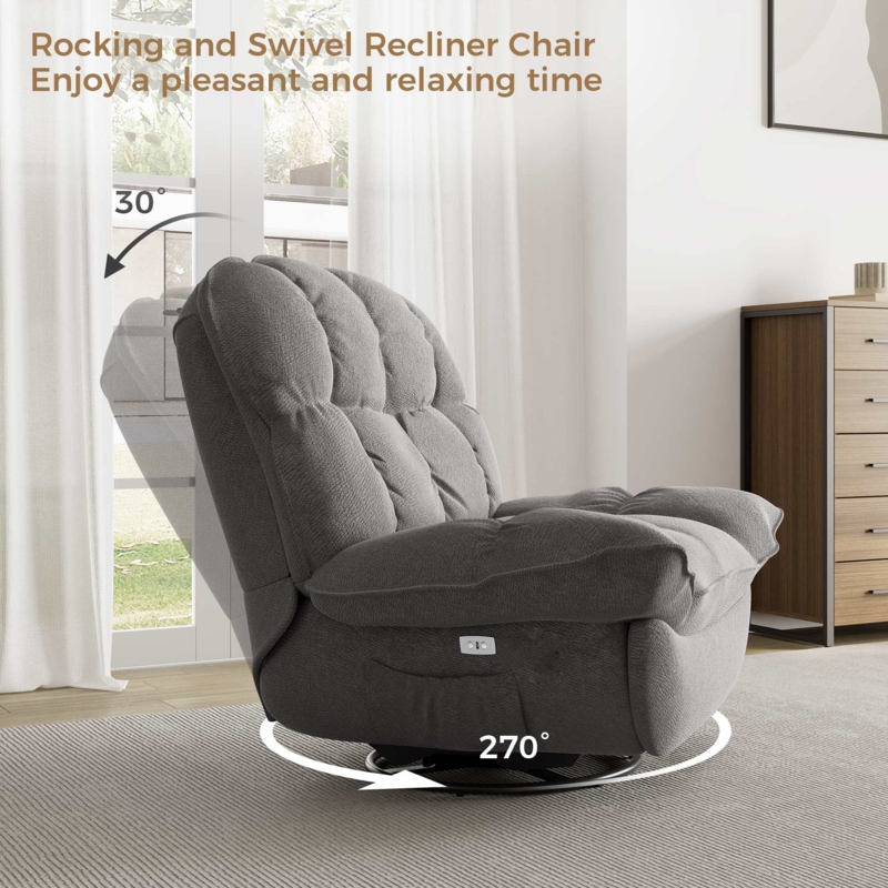 Electric Reclining Swivel Chair Plush Segmented Upholstery Power Buttons