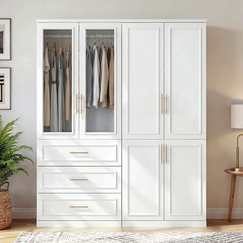Elegant Bedroom Armoire with Glass Front Sections and Gold Hardware