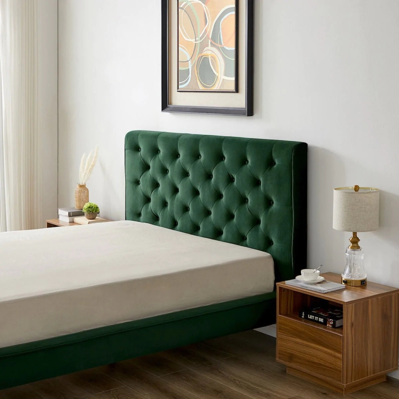 Emerald Green Platform Bed with Diamond Tufting and Low Profile