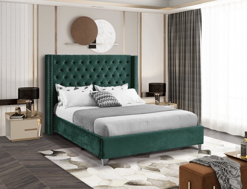 Emerald Green Velvet Bed with Tall Wingback and Diamond Tufting