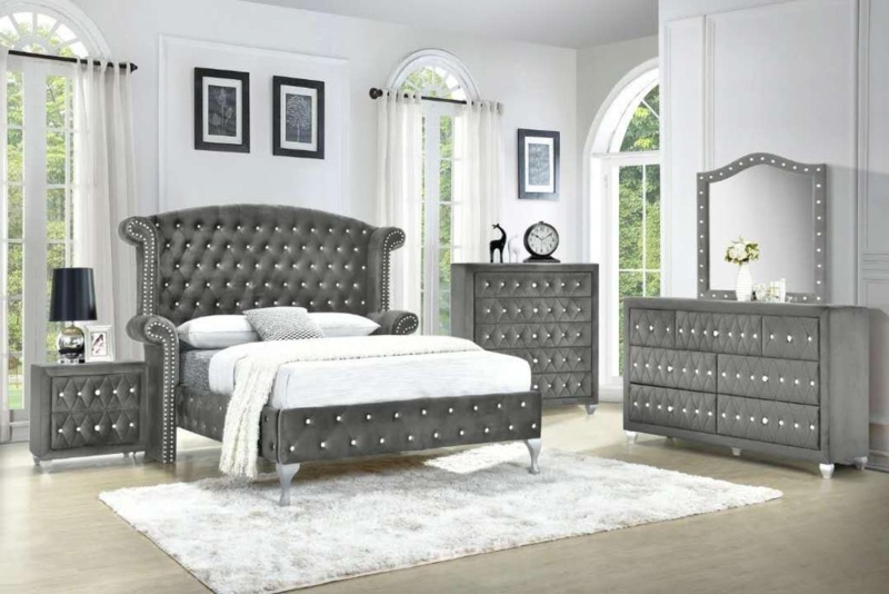 Emerald Green Velvet Bedroom Set with Gold Accents & Tufted Headboard