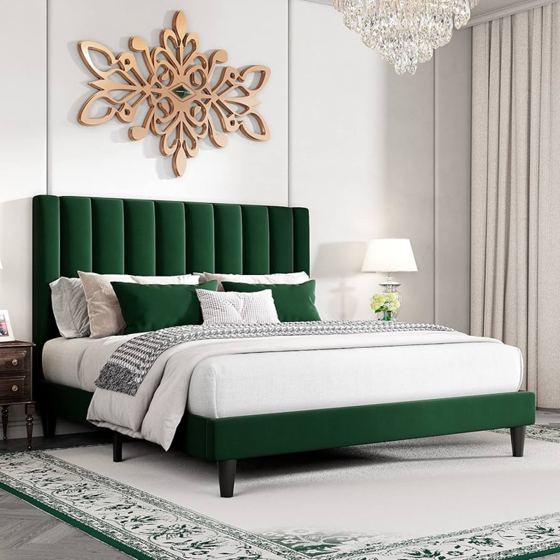 Emerald Green Velvet Platform Bed with Vertical Channel Tufting